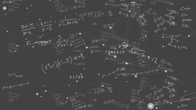 Mathematical equations and network of connections against black board