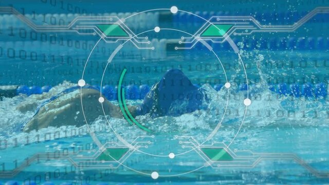 Scope and binary coding against female athlete swimming in the pool