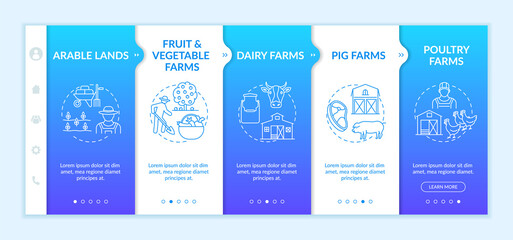 Farm production types onboarding vector template. Fields for foods. Different animal growing farms. Responsive mobile website with icons. Webpage walkthrough step screens. RGB color concept
