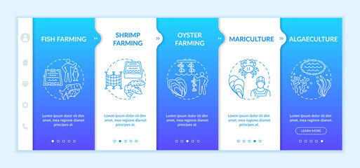 Aquaculture types onboarding vector template. Sea food production farms. Luxury shrimps and oysters. Responsive mobile website with icons. Webpage walkthrough step screens. RGB color concept