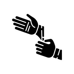 Disposable sterile gloves black glyph icon. Sanitary equipment for surgery. First aid. Sanitation precaution for laboratory. Silhouette symbol on white space. Vector isolated illustration