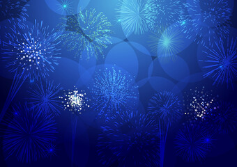 Holiday night background. Abstract isolated graphic design template. Deep blue color gradient, shining luxury elements. Glittering fireworks. Beautiful backdrop. Vector texture, transparent effects.
