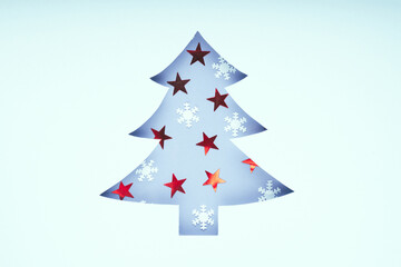 Christmas tree made of red stars and snowflakes. Xmas symbol, Holiday concept.