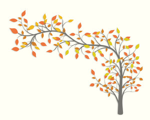 Curved autumn tree with yellow and red leaves on a light background