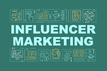 Influencer marketing word concepts banner. Online product selling sphere. Infographics with linear icons on green background. Isolated typography. Vector outline RGB color illustration