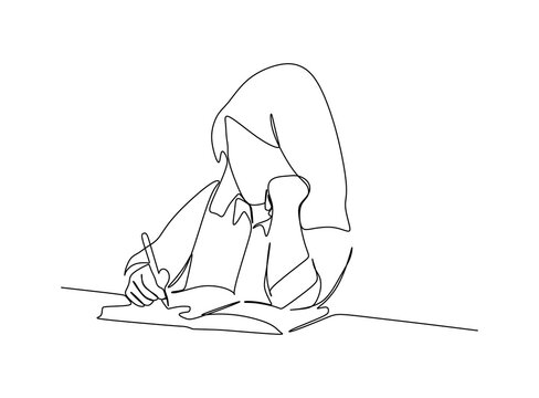 A young female student doing home work - Continuous one line drawing