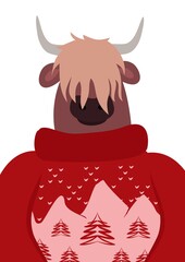 Vector New Year card with a bull. Portrait of a bull in a new year's sweater. New Year 2021 according to the Chinese calendar. Template for greeting card, poster, packaging, print and web.