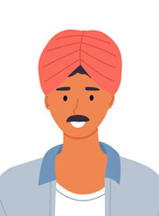 Portrait of arab man with a mustache in a traditional turban isolated on white. Indian male character flat style illustration. Man in headpiece in the form of a piece of cloth wrapped around the head