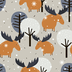 Deers, trees, hand drawn backdrop. Colorful seamless pattern with animals, forest. Decorative cute wallpaper, good for printing. Overlapping background vector. Design illustration - 386446882