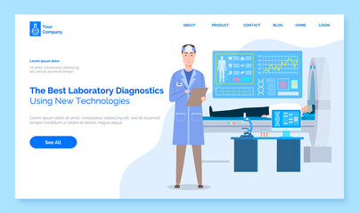 Online medical services applications, best laboratory diagnostics using new technologies landing page template, Health medical care, treatment from specialist, Body examination on modern equipment
