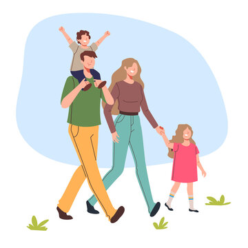 Happy family characters walking together concept. Vector flat graphic design illustration