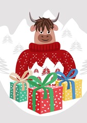 Vector winter illustration with a cute smiling bull. New Year 2021 according to the Chinese calendar. New Year gifts.