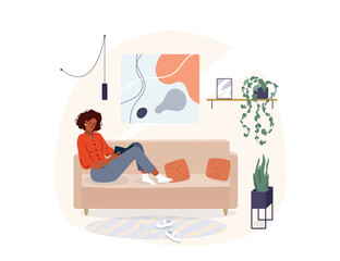 Black young woman reading book vector background. Relaxed african girl sitting on the sofa and read, isolated on white backdrop. Cozy modern home interior. Concept of homeward and comfort