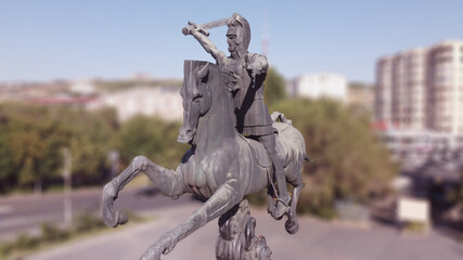 Statue of Vardan Mamikonyan the national hero of Armenia holding a sword and riding a horse in downtown Yerevan, Armenia
