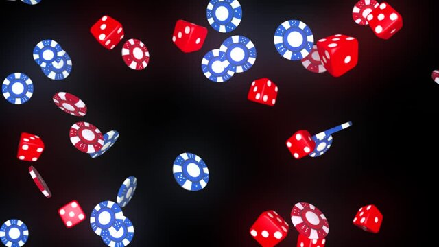 Casino set with cards, dice and chips on BlackJack Poker chips on Black Loop Green Screen Background. Falling aces and casino chips, Playing cards, money chips fly. winning gambling, Poker card game.