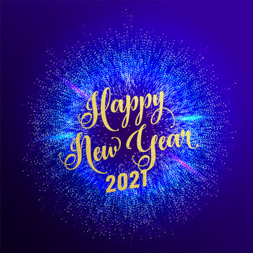 2021 happy new year holiday vector background. Greeting lettering text with gold glitter texture. Dark blue round firework explosion pattern at the center