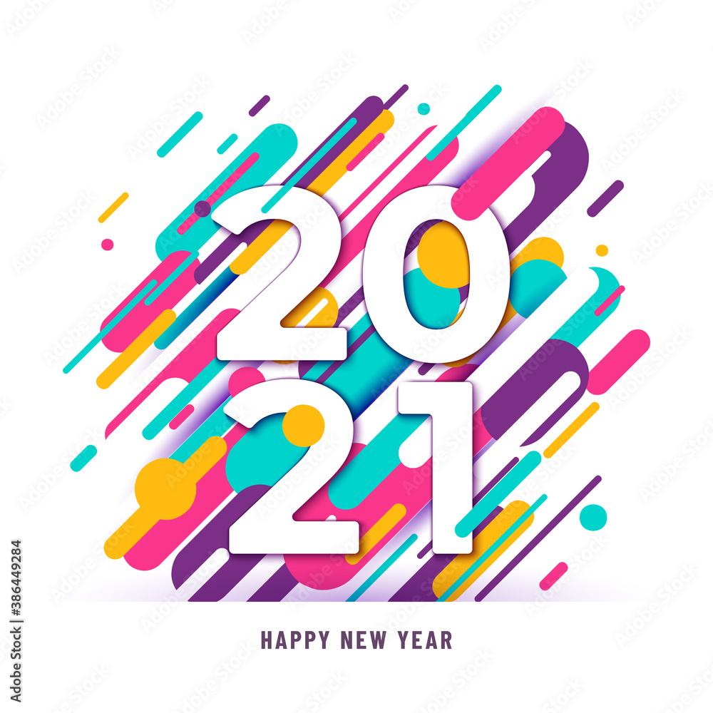 Poster 2021 happy new year big numbers with color abstract graphic lines background isolated on white. wint