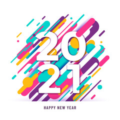 2021 happy new year big numbers with color abstract graphic lines background isolated on white. Winter holiday greeting motion graphic design. Minimal cover template. Vector illustration