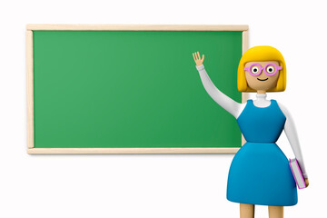 Schoolgirl Sophie stands near the school blackboard and holds the book in her hands. 3d character of the schoolgirl. 3d illustration. 3d rendering