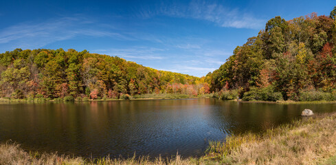 Stitched panorama of the Coopers Rock Lake and Glade Run in the state park in the autumn. Located near Morgantown WV