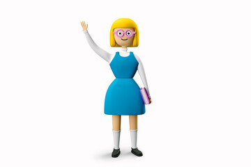 Schoolgirl Sophie holds a book in her hand and says hello. 3d character of the schoolgirl. 3d illustration. 3d rendering