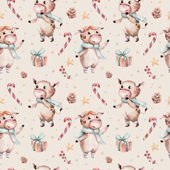 Watercolor cartoon cute Bull seamless pattern. Symbol of the year 2021. Funny Christmas background
