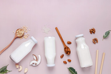 Fototapeta na wymiar Different types of non dairy vegan milk