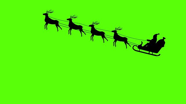 silhouette of Santa Claus pulled by reindeer, green screen animation