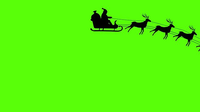 silhouette of Santa Claus pulled by reindeer, green screen animation