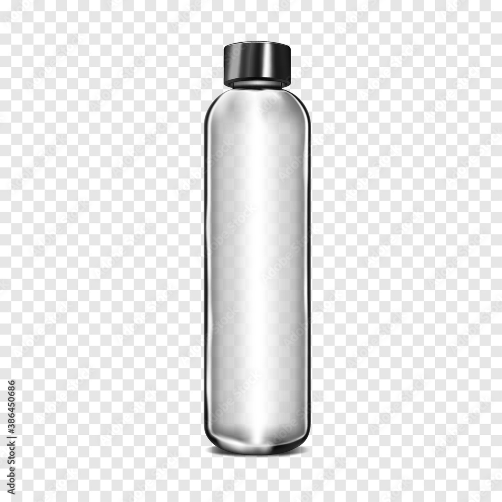 Wall mural clear glass cylindrical bottle with black metallic screw cap on transparent background, realistic ve