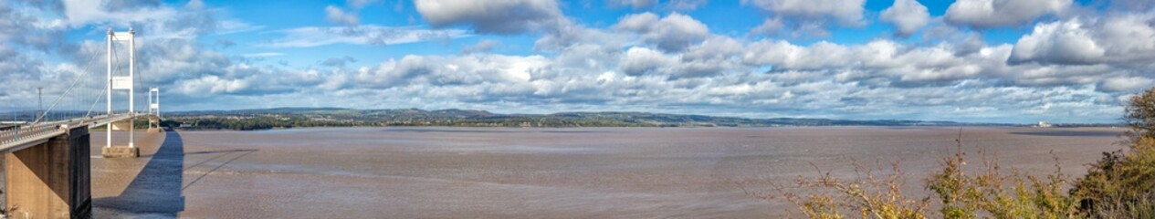 Panoramic view of the original Severn Bridge and River Severn, Aust. South Gloucestershire, England, United Kingdom