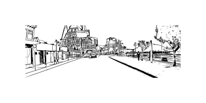 Building view with landmark of Blumenau is a city in southern Brazil. Hand drawn sketch illustration in vector.