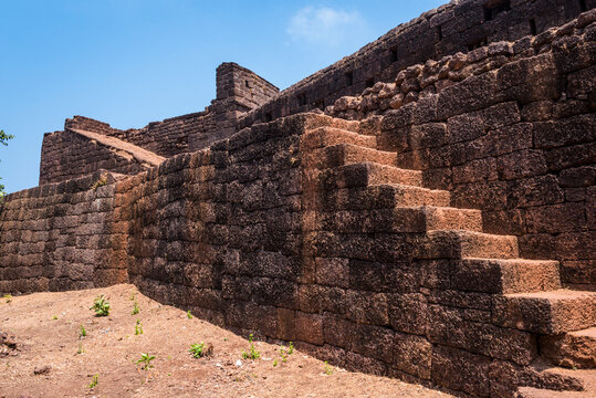 The steps leading along the ramparts to the tower of the fortress of Cabo De Rama in Goa, India