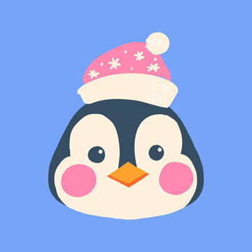 The face of a penguin in a Christmas hat. Cute animal, bird. Suitable as placeholder, avatar, kids t-shirt print, sticker, temporary tattoo, sublimation