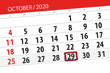 Fototapeta premium Calendar planner for the month october 2020, deadline day, 29, thursday