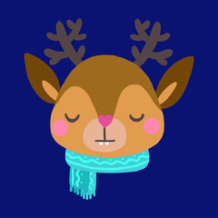 Face of a Christmas deer with antlers with a scarf. Cute animal. Suitable as placeholder, avatar, kids t-shirt print, sticker, temporary tattoo, sublimation