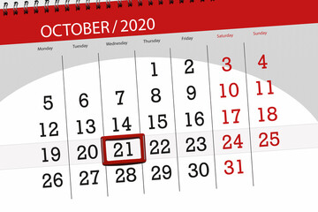 Calendar planner for the month october 2020, deadline day, 21, wednesday