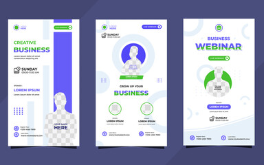 Naklejka premium Collection of social media story post templates. with Minimalist Geometric background in white, blue and green. perfect for business webinar, medical webinar, online class and other online seminars