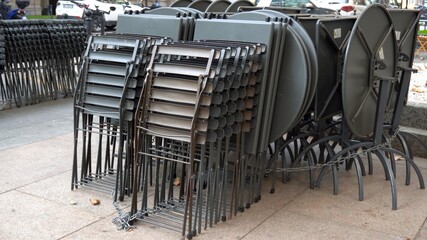 Italy , Milan October 2020 - Corso Sempione - Empty tables, closed pubs, restaurants, bars and venues due to coronavirus, covid-19 outbreak. Al businesses with public are temporary closed