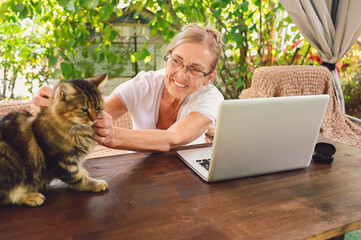 Happy senior woman with home cat use wireless headphones working online with laptop computer outdoor