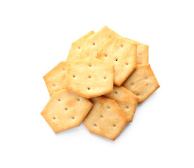 Crispy crackers isolated on white, above view. Delicious snack