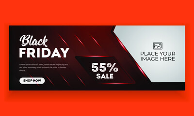 Black Friday Sale Banner Design with red gradient background and lighting.