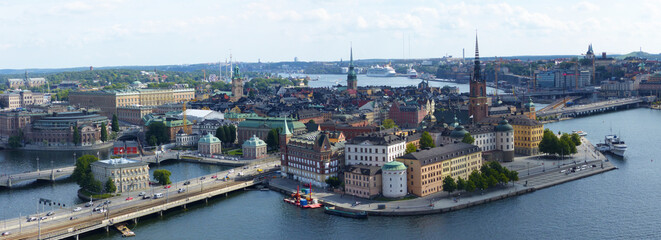 Panoramic view and bird's eye view of the historic center of Stockholm, Gamla Stan, Stockholm Archipelago.