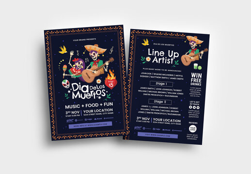 Día De Los Muertos Party Flyer Layout with Mexican Calacas Elements