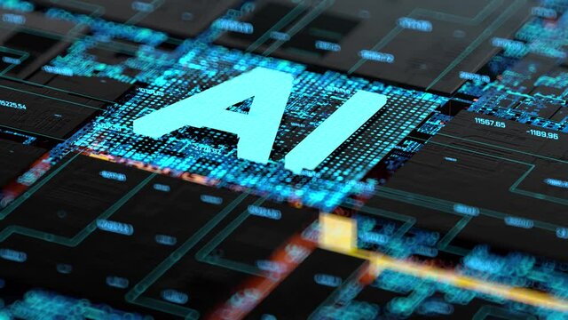 3D Render animation of AI Artificial intelligence in CPU chipset. Central processor unit and electric print circuit board with data traffic light on dark and grain processed