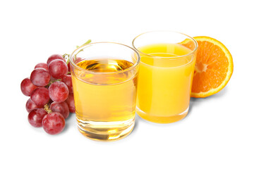 Glasses of delicious juices and fresh fruits on white background