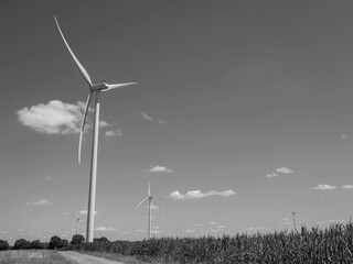black and white photo of a wind turbine in rural France © Penny