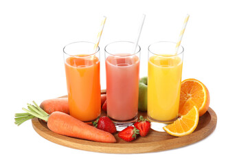 Glasses of delicious juices and fresh ingredients on white background