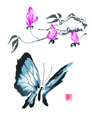 Butterfly and Branch Magnolia.Vector illustration in traditional oriental style.