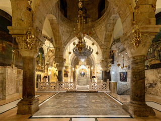 Church of the Holy Sepulchre interior with XII century Chapel of Saint Helena in Christian Quarter of historic Old City of Jerusalem, Israel